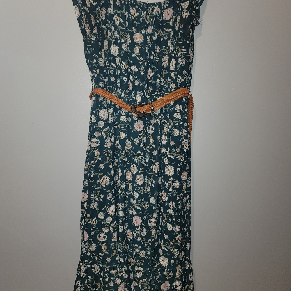 Wallflower Dark Green Floral Maxi Dress with Brown Belt